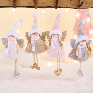 Christmas Angel Plush Doll Hanging Pendant With Sequin Wings Cute Girl Xmas Tree Ornament For Home Party Decor