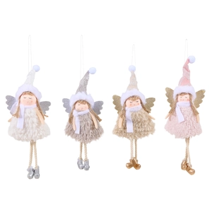 Four plush angel girl Christmas tree ornaments in pink white grey and camel colors