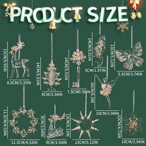Size chart for acrylic Christmas ornaments featuring reindeer, trees, and golden sequins