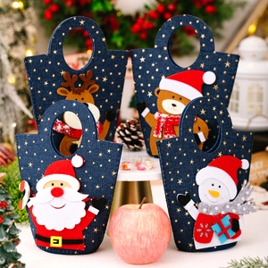 Christmas Gift Bag Cartoon Santa Snowman Elk Bear Felt Tote Bag Gold Star Print Holiday Party Candy Bag Handbag