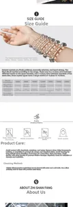 Size guide for crystal bracelets with diameter options from 6mm to 18mm and care tips