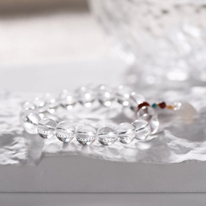 Natural white crystal 10mm bead bracelet with colorful gemstones and heart charm