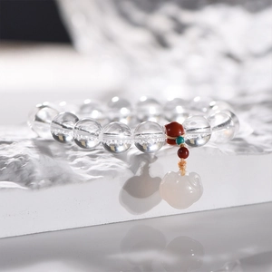 10mm clear white quartz bead bracelet with white jade pendant and colorful accents