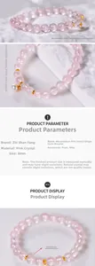 Macro detail of 8mm pink quartz bead bracelet with delicate white pearl drop pendant