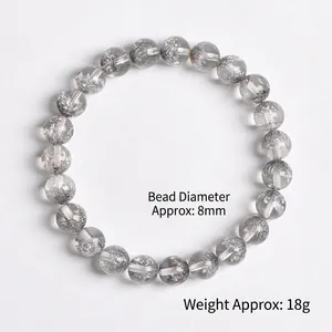 Natural silver rutile quartz 8mm beaded bracelet with clear crystals and grey inclusions