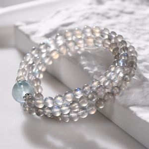Natural Grey Moonstone Labradorite Beaded Bracelet With Aquamarine Accent Beads Multi Layer Wrap Jewelry Elegant Retro Style