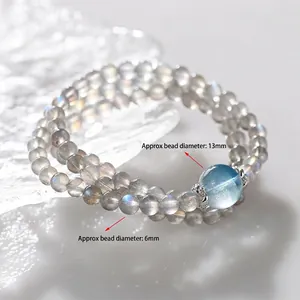 Natural grey moonstone wrap bracelet with 13mm aquamarine bead and 6mm crystal spheres