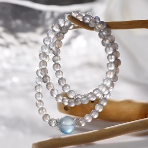 Natural grey moonstone layered bracelet with aquamarine bead on rustic branch