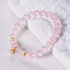 Natural Rose Quartz Beaded Bracelet With Artificial Pearl Charm Golden Metal Spacers Elegant Vintage Style Jewelry For Women