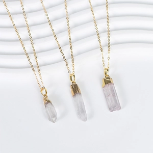 Three-piece gold chain necklace set with natural amethyst hexagonal crystal pendants