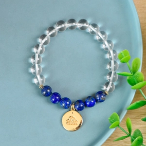 Natural white crystal and lapis lazuli Libra zodiac bead bracelet with gold pendant