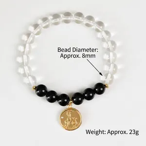 8mm natural clear crystal and obsidian bead bracelet with golden zodiac charm, weight 23g