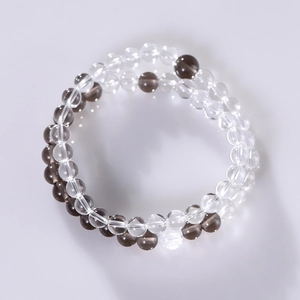 Bracelet double rang en perles de cristal blanc 6mm et quartz fumé avec pierres naturelles