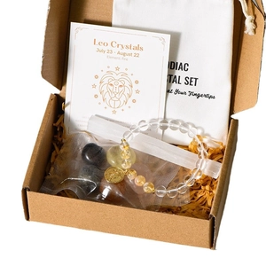 Leo Zodiac Crystal Set with bracelet, raw gemstones and selenite in a gift box