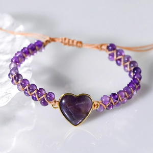 Handmade woven bracelet with heart-shaped amethyst stone and purple beads for women