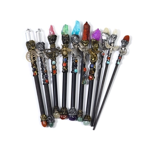 Handmade fantasy crystal magic wands with natural gemstones and metal tree of life emblems