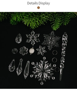 Detail view of assorted acrylic snowflake and icicle ornaments for Christmas tree decoration