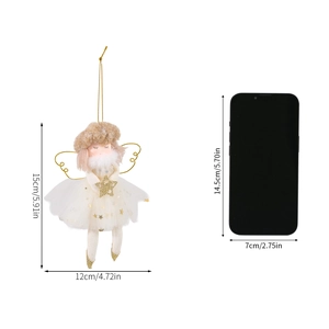 Pink plush Christmas angel ornament with gold stars shown with size reference