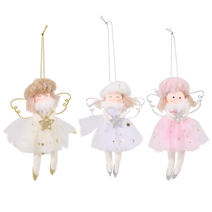 Three plush Christmas angel ornaments in pink, white, and beige with sparkling mesh skirts