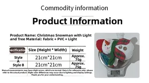 Size chart for glowing Christmas snowman doll with measurements 21x21cm and light feature