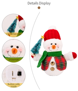 Detail display of glowing snowman plush with Christmas tree and button cell compartment