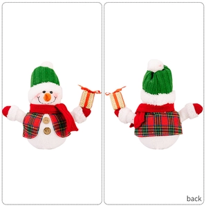 Front and back detail of a glowing Christmas snowman plush with hat, scarf and gift box
