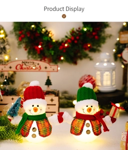 Detail of two lighted snowman figurines with plaid vests and knit hats in festive decor