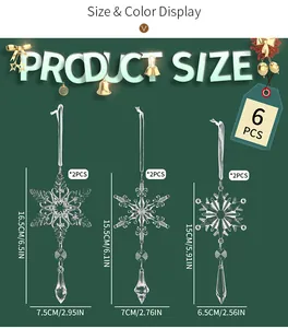 Size chart for 6pcs clear snowflake Christmas ornaments showing 3 styles with dimensions