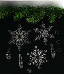 Detailed display of transparent acrylic snowflakes and icicle crystal hanging ornaments