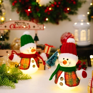 Close-up of lighted Christmas snowman plush with knit hat, scarf and warm LED lights