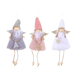 Three-piece set of plush Christmas angel ornaments in pink, white, and grey with glitter charms