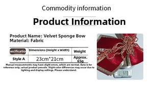 Size chart showing a large red velvet Christmas bow with gold trim and weight on scale