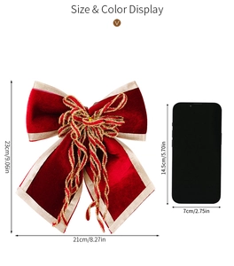 Size chart showing large 21x23cm red velvet Christmas bow with gold trim and phone reference