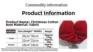 Detailed size chart and weight specifications for red velvet Christmas bow decorations