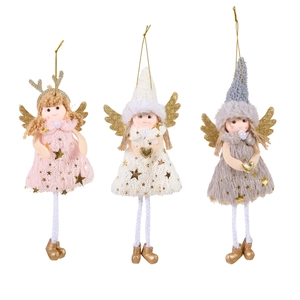 Three plush Christmas angel dolls in pink, white and grey with antlers and glittery wings