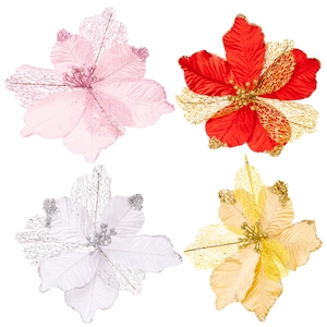 Artificial glitter Poinsettia Christmas flowers in red, gold, pink, and white set of 4