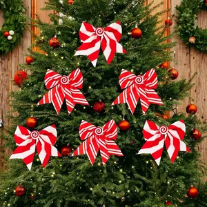 Christmas Tree Hanging Bow Decoration Red White Candy Striped Fabric Ribbon Bows With Peppermint Spiral Button Holiday Decor