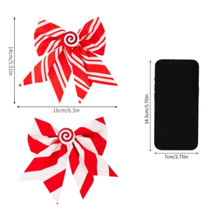 Red and white striped Christmas tree bow ornaments with size reference on white background