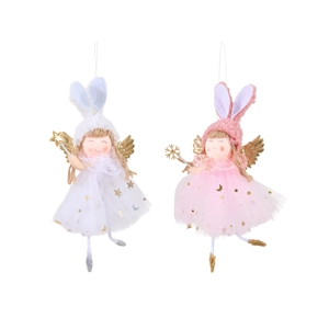 Pink and white plush rabbit ear angel girl hanging ornaments for Christmas tree decor
