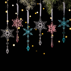 Set of 6 crystal snowflake hanging ornaments for Christmas tree decor in three colors