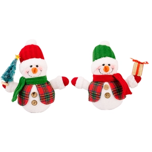 Set of two glowing Christmas snowman figurines with plaid vests and holiday accessories