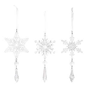 Three-piece set of transparent crystal snowflake ornaments with white ribbons and teardrop pendants