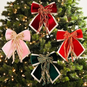 Luxe Nœud De Noël En Velours Grand Nœud Floqué Avec Bordure Métallique Gland Pour Arbre Festival Fête Décoration Maison