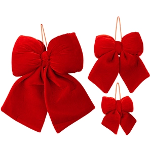 Set of three luxury red velvet Christmas bows in various sizes with hanging loops