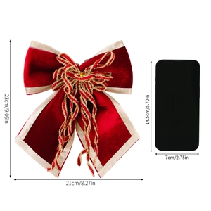 Grand nœud de Noël en velours rouge avec bordure dorée, dimensions 23cm x 21cm