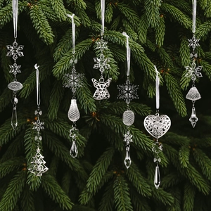 Set d'ornements de sapin de Noël avec flocons en acrylique cristal et pendentifs argentés