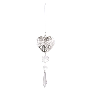 Décoration de cœur en métal argenté avec flocon en cristal et pendentif à prisme
