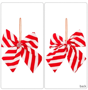 Detailed front and back view of red and white striped Christmas candy bow tree ornament