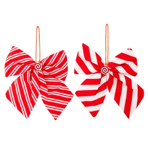 Red and white striped Christmas bow ornaments with peppermint candy center for tree decor