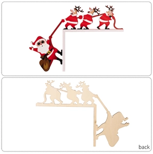 L-shaped wooden Christmas door frame hanger with Santa Claus and reindeer painted design